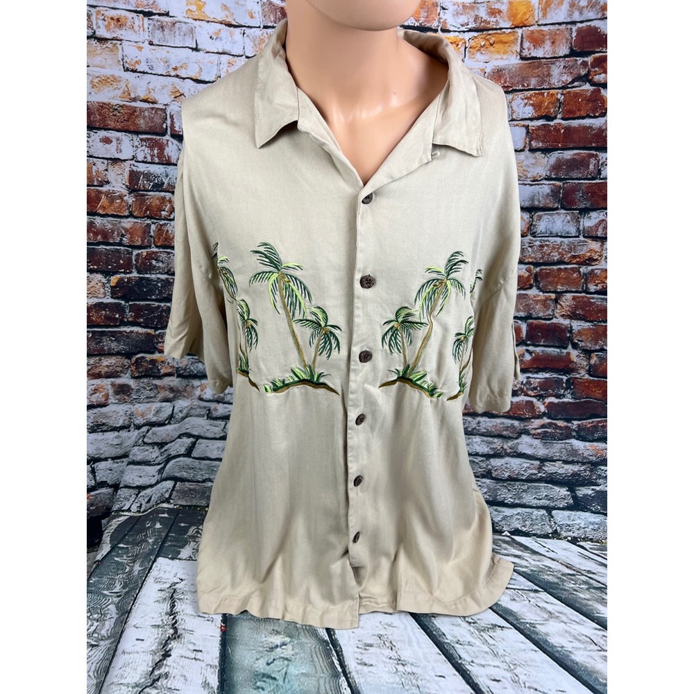 Club Tiki Classics Silk Button Up‎ Shirt Palm Tree Embroidered Mens XL